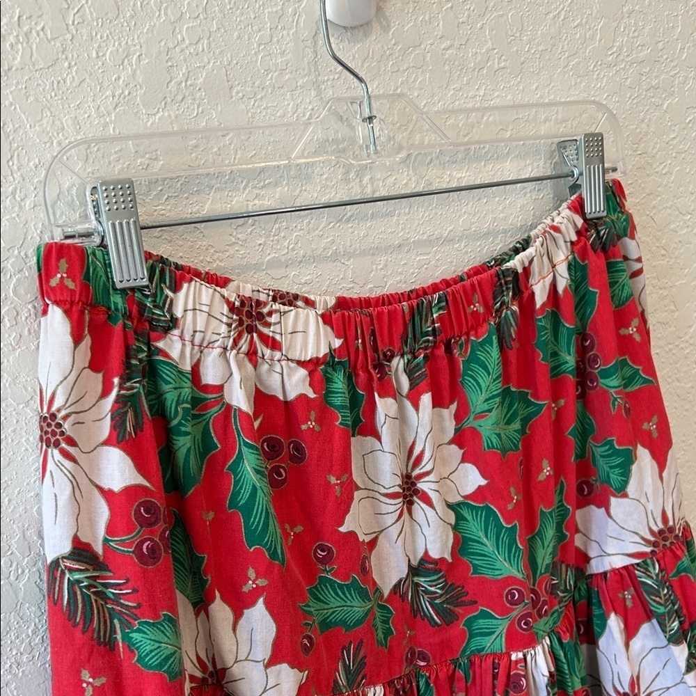 Handmade One of a Kind Tiered Skirt with a Poinsettia and Holly Print - Picture 3 of 8